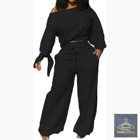 Long Sleeve Sweatsuit Set with Wide Leg Pants and Pockets